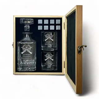 Whisky Set mit Gravur Schützenlogo personalisiert Karaffe 700 ml und Gläser verschiedene Motive Schützenverein Geschenkbox (Motiv 2: Flinten, Karaffe + 1 Glas)
