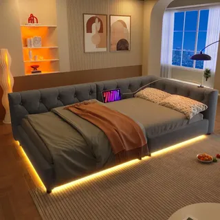 Schlafsofa, Daybett, Tagesbett, 90x200cm, Schlafsofa mit Lattenrost (ohne Matratze), Ambientebeleuchtung mit Fernbedienung, Kopfteil mit Knopftuft,... - Grau