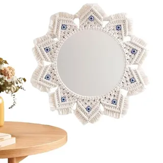 NSXIN Makramee Wandspiegel Hängender Spiegel mit Fransen, Runden Handgefertigt Boho Spiegel Wanddeko, Gewebten Wandbehang Deko für Wohnung, Zuhause, Schlafzimmer, Wohnzimmer (A)