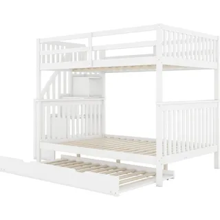 Etagenbett(140*200cm)Treppenregal,ausgestattet mit ausziehbares Rollbett, hohe Geländer, EN747-1 - Weiß