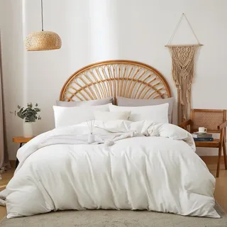 Sedefen Doppelte Musselin Bettwäsche 135x200 cm Baumwolle Leinen Weiß Bettwäsche Set 2tlg,1 Bettbezug mit Reißverschluss und 1 Kissenbezug 80x80cm,85% Baumwolle und 15% Leinen Bettwäsche