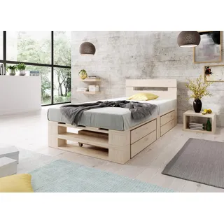Lermowood Palettenbett M2 aus Holz 100 x 200 cm Natur mit Kopfteil und 2 Bettkästen Holzbett 30cm Stabiles Seniorenbett Kinderbett Jugendbett Gästebett erhöhtes Bettgestell Futon Komforthöhe Naturholz