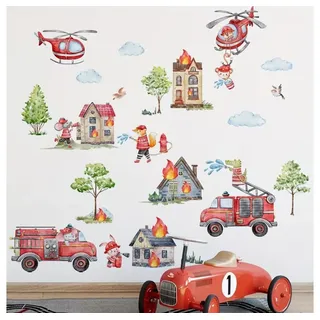 Montegoni Wandsticker Feuerwehr Fahrzeuge Wandsticker Kinderzimmer Rettungsfahrzeuge (Mehrteiliges Wandsticker Set, 2er Set Feuerwehr Wandsticker), Selbstklebend, Ablösbar, Mehrteilig, Dekorativ
