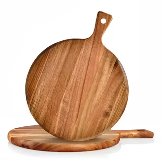 GALOZZOIT 2er Set Pizzabrett Holz Ø 30 cm mit Griff – Premium Akazienholz Pizzateller Rundes Servier- & Schneidebrett für Pizza, Flammkuchen, Käseplatte