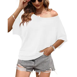 WNEEDU Schulterfreies Oberteil Damen Sommer Fledermaus T Shirt Longshirt | Off shoulder top, lässig basic locker Rundhals shirt - L