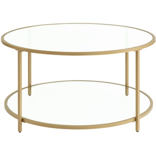 VASAGLE Beistelltisch rund, Couchtisch, Nachttisch aus Hartglas mit Stahlrahmen, mit offenem Ablagefach, modern, für Wohnzimmer, Schlafzimmer, goldfarben LGT035A61