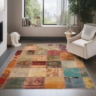 AUWUUA Retro-Patchwork-Quadrate-Druck, waschbarer großer Teppich Wohnzimmer, 250 x 250 cm, Used-Look, geometrischer Blumenteppich für Schlafzimmer, Kinderzimmer, Esszimmer