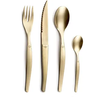 Lou Laguiole JET Steakbesteck Set JET – Besteck Set für 4 Personen | 16-teilig | Champagnerfarben | PVD Besteckset | Mikroverzahnte Klinge für langanhaltende Schärfe