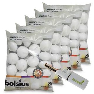 100 Schwimmkerzen von Bolsius mit ca. 4,5 Stunden Brenndauer in der Farbe: Weiß  inkl. Kerzenprofi Feuerzeug