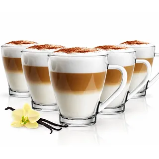 Sendez 6er Set Cappuccino Gläser 250ml mit Henkel | Inkl. 6 Edelstahl-Löffel | Kaffeegläser Teegläser aus Glas | Robustes Gläser-Set für Kaffee, Tee, Kakao & Heißgetränke | Spülmaschinengeeignet
