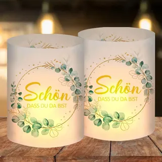 12 Stück Windlicht Tischdeko Schön DASS du da bist, Teelichter Eukalyptus Grün Deko, Windlichter Taufe Kommunion Tischdeko, Lichthülle Taufe Konfirmation Junge Mädchen Erstkommunion Baby Shower Deko