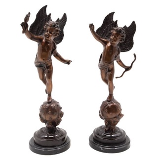Casa Padrino Luxus Jugendstil Bronze Deko Skulpturen Set Engel 15 x 14 x H. 46 cm - Bronze Deko Figuren mit Marmorsockel - Schreibtisch Deko - Barock & Jugendstil Deko Accessoires