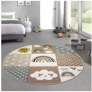 Carpetia Kinderteppich Kinderzimmer Teppich Herzchen Wolken Regenbogen grau beige braun, rund, Höhe: 13 mm beige|braun|grau