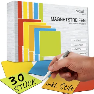 30 Magnete zum beschriften 7,5 x 7,5 cm | Magnete für Whiteboards, Kühlschränke, Magnettafeln & metallische Oberflächen | inkl. Stift & Radierer | Bunte Magnetschilder zum Beschriften