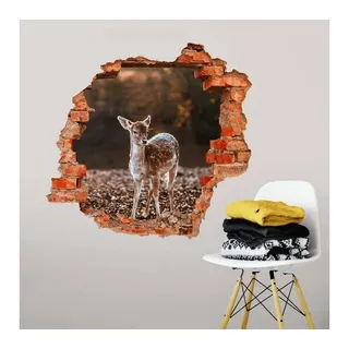 K&L Wall Art Wandtattoo 3D Wandtattoo Baby Reh Bambi Wandsticker Rehkitz Kinderzimmer Fawn, Mauerdurchbruch Wandbild selbstklebend bunt 40 cm x 38 cm