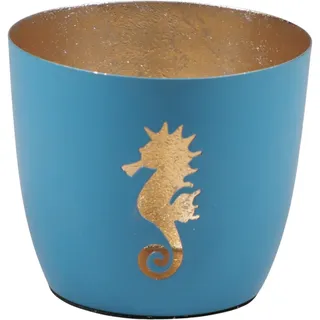 Seaside No.64 - Maritime Windlichter Baltic aus Metall mit ausgestanzten Motiven - Verschiedene Farbkombinationen für Teelichter & Stumpenkerzen in Haus und Garten (Seepferdchen - blau, Gold)