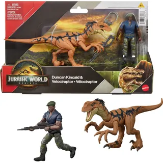 Mattel Jurassic World Rebirth Mensch & Dinosaurier Figuren-Set, Duncan Kincaid & Velociraptor, Movie Accurate 9,5 cm Maßstab, bewegliches Sammlerstück
