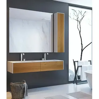 Henneke Doppelwaschtisch Corian® WoodOne eckig mit Unterschrank einreihig, Fugenlos aus Mineralwerkstoff 140 cm x 50 cm