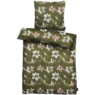 Bettwäsche APELT "Lilia", grün, B/L: 155cm x 220cm, 1 Stk., 1 Stk., Satin (Bio-Baumwolle), B/L: 80cm x 80cm, 2 Stk., Satin (Bio-Baumwolle), Obermaterial: 100% Baumwolle, Bettwäsche, Bettwäsche, mit Lilien