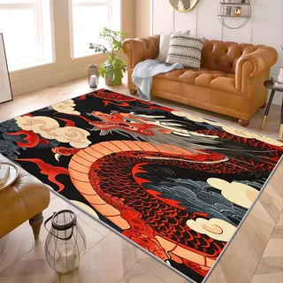 Drachen Teppich - Teppich Wohnzimmer Schlafzimmer Drachenmotiv, Großer Teppich Chinesischer Drachen, Weich Kurzflor & Waschbar & Rutschfest Wohnzimmerteppich, Kinderteppich, Bettvorleger 120x180 cm