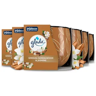 Glade Duftkerze mit Dekorfolie, Duft Sensual Sandalwood & Jasmine, mit ätherischen Ölen angereichert, 6er Pack (6 x 108g)