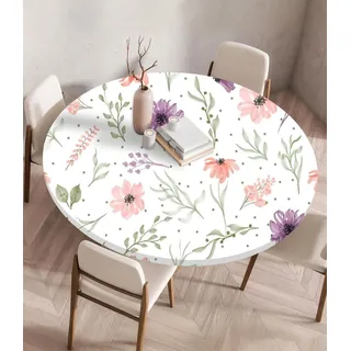 Highdi 3D Elastische Tischdecke Rund wasserdichte, Tischdecke Outdoor Round Blümchenmuster Spanntischdecke mit Gummizug für Esszimmer, Küche und Picknick (110cm,Botanische Blumen)