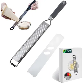 bhb Premium Zester Reibe – Parmesanreibe, Muskatnussreibe, Knoblauchreibe, Ingwerreibe, Zitronenreibe – Rasiermesserscharfe Edelstahlklingen – Spülmaschinenfest – BPA-frei – mit Schutzabdeckung