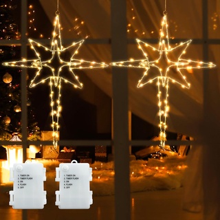 DreiWasser Beleuchtet LED Fensterdeko Bethlehemstern warmweiß Batteriebetrieben, 2 Stück 140 LED Leuchts Weihnachten mit 1m Zuleitung und Timer für Fenster Beleuchtung Deko Hängen Weihnachtsdeko