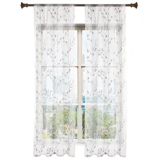 Woltu Gardinen transparent Blumen Stickerei mit Kräuselband Leinen Optik(2 Stücke) grau 140x245 cm