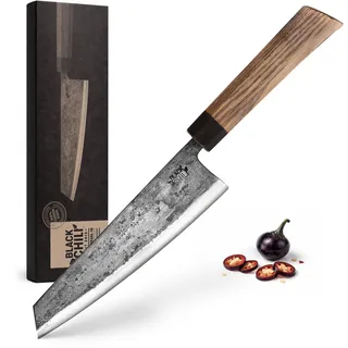 Black Chili Chefmesser | Escheholz Griff | 19 cm Carbonstahl Klinge mit 61–63 HRC | Profi Kochmesser für Fisch, Fleisch & Gemüse | Tranchiermesser Kiritsuke Bunka Allzweckmesser | BLACK-PEARL-19