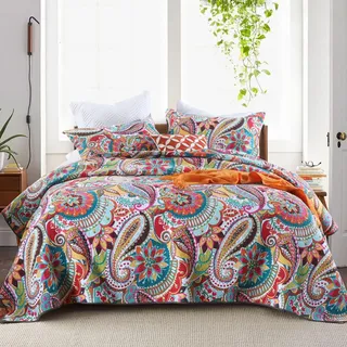 Qucover Tagesdecke 220x240cm Baumwolle Blumen Paisley Bettüberwurf 230x250cm Steppdecke mit 2 Kissenbezug Wendedecke Ganzjahresdecke für Doppelbett (Rot-grüne Blume, 230x250cm)