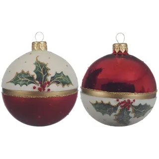Christmas Decorations 6 Weihnachtskugeln 8cm Glas Motiv Mistelzweige Christbaumkugeln rot weiß gold