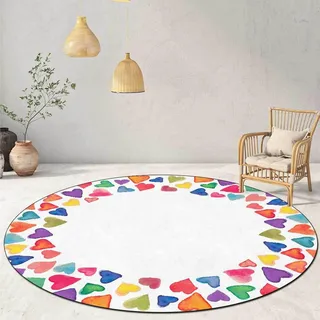 Freyamy Teppich Rund 80cm Kurzflor Plüsch Kinderteppich Bunt Chic Flauschig Kinderzimmer Teppiche Waschbar rutschfest Teppich für Schlafzimmer Deko Kinderzimmer Balkon Carpet