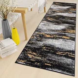 TAPISO Maya Teppich Läufer Meterware Kurzflor Wohnzimmer Flur Küche Modern Brücke Grau Gelb Schwarz Verwischt Meliert Design ÖKOTEX 100 x 500 cm