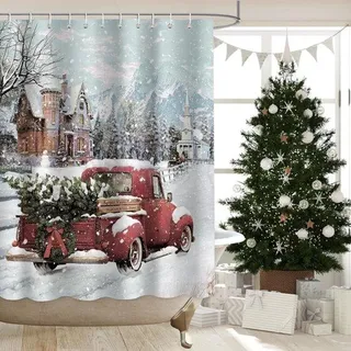 Famanu Duschvorhang mit rotem Lastwagen und Weihnachtsbaum-Print, rustikaler Landhausstil, wasserfest 182 × 182 cm – Rot