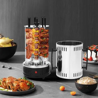 Mini Dönergrill für Zuhause Hähnchengrill Elektrische Kebab Maschine Vertikalgrill Dönerspieß Grill Edelstahl Rotisserie Grill Tischgrill mit 6 Schaschlikspieße für Camping-Picknicks, Partys