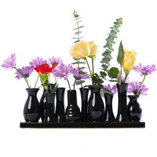 Jinfa Handgefertigte kleine Keramik Deko Blumenvasen Set aus 10 Vasen in schwarz auf einem Tablett