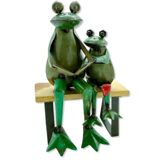 Metall Dekofigur Frösche auf Holz-Bank 21 x 31cm grün braun schwarz Garten-Figur Deko Frosch Skulptur Tierfigur