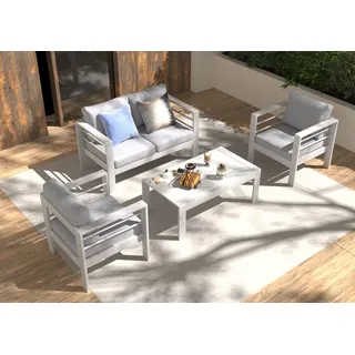 MeXo Gartenlounge-Set Balkon Möbel Set mit Tisch Aluminium 4 teilig outdoor wetterfest, (weiß, harmonieren mit Licht bei Nacht, 4-tlg., Passt zum skandinavischen, mediterranen oder minimalistischen Stil), Tisch 110x62x41cm, 12cm Deluxe Relax-Sitzkissen weiß