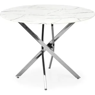 Esstisch RAYMOND 3 rund Glasplatte Marmoroptik Ø100 cm Höhe 73 cm Gestell Silber - Weiß