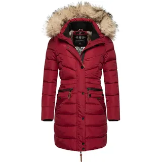 Navahoo Damen Wintermantel warmer Steppmantel lang mit abnehmbarer Kunstfell-Kapuze Paula Dark Red Gr. XS - XS