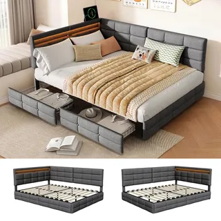 Polsterbett Schlafsofa 140x200 cm,Jugendbett 140x200 mit LED und USB Ladestation,Daybett Tagesbett mit 2 Schubladen,Kinderbett Sofabett Gästebett Bettgestell mit Lattenrost,Leinen,Ohne Matratze