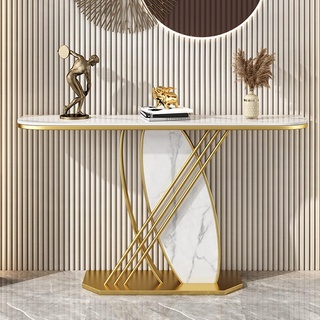Konsolentisch, moderner Konsolentisch in Gold und Schwarz mit Metallsockel, schmaler Eingangstisch aus Kunstmarmor, Langer Tisch mit breiterer Tischplatte (Gold 150 x 30 x 80 cm)