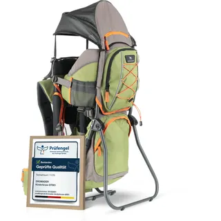Dromader Kraxe Kindertrage Wandern | Rückentrage Sonnendach & Thermotasche | Aluminiumrahmen · 3D-Opti-Fit-Tragesystem · Regen- & Sonnendach, Wickelmatte · Bis 22 kg · Olivgrün