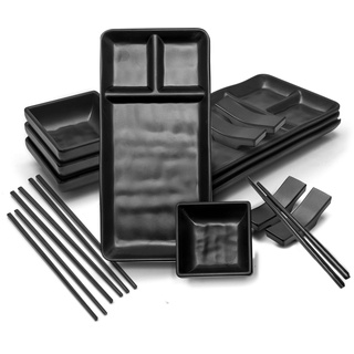 Goliber Japanisches Sushi Geschirr Schwarz Set (16pcs) - Sushi Seschirr Set 4 - Enthält 4 Schwarzes Geschirr, 4 Soßenschälchen, 4 Essstäbchen und 4 Essstäbchen Ablage - Asiatisches Geschirr Set