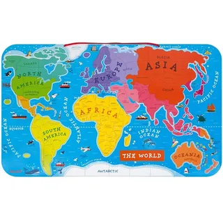 Janod Wooden Magnetic World Map Puzzle - 92 Magnetic Pieces - 70 x 43 cm - English Version - Educational Game from 7 Years Old, J05504