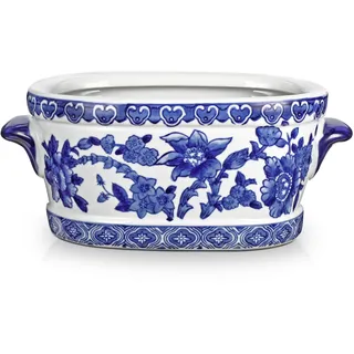 Blau-Weißer Keramikvase– Ovaler Übertopf im Porzellan-Stil mit Blumenmuster – Dekorative Schale Pflanztopf für Zimmerpflanzen, Orchideen & Kunstblumen – 19 cm