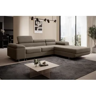 thematys Ecksofa ALVARO 250 x 183cm mit Schlaffunktion & Bettkasten –, L-Sofa mit 4 verstellbaren Kopfstützen, Strukturstoff (Inari), Cord (Poso), Leder (Soft), Leder (Soft)/Velours (Sawana) - L-Form, Wohnlandschaft, 250 cm breit braun
