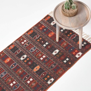 Homescapes Kelim-Teppichläufer, handgewebt aus Baumwolle, 66 x 200 cm, bunter Baumwollteppich mit geometrischem Muster und Fransen