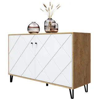 Newroom Kommode Wildeiche Weiß Matt Sideboard Skandi Modern - 123x76x40 cm (BxHxT) - Highboard Anrichte - [Loya.one] Wohnzimmer Gästezimmer Büro